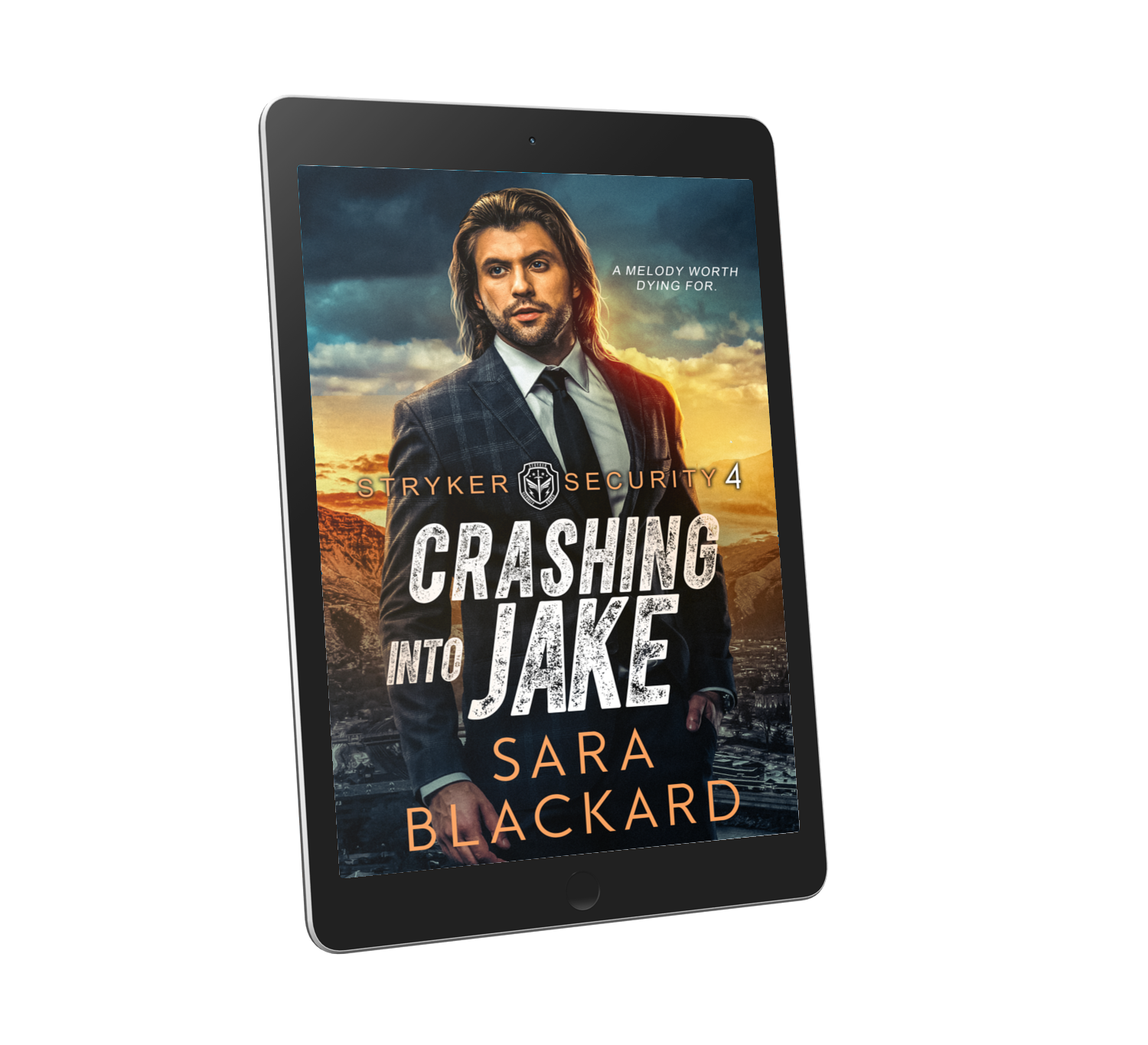 Book cover for Crashing into Jake by Sara Blackard, clean romantic suspense ebook in Stryker Security Force